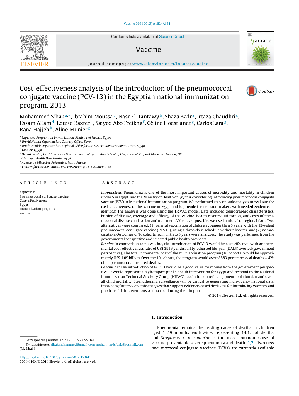 Cost-effectiveness analysis of the introduction of the pneumococcal conjugate vaccine (PCV-13) in the Egyptian national immunization program, 2013