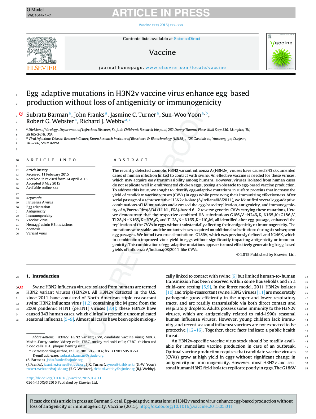 Egg-adaptive mutations in H3N2v vaccine virus enhance egg-based production without loss of antigenicity or immunogenicity