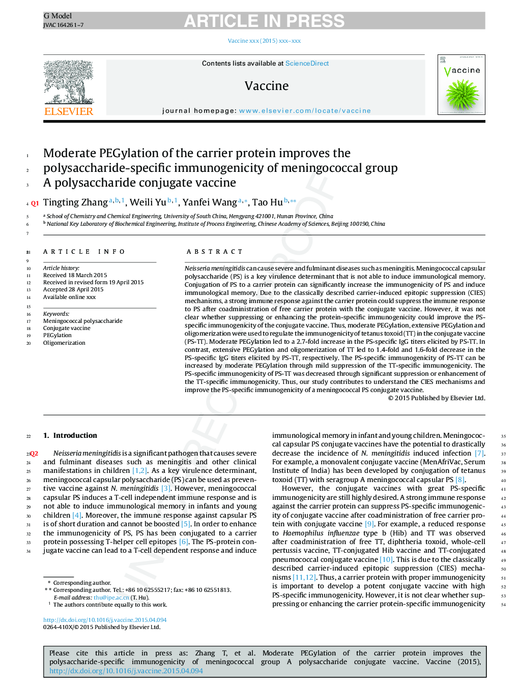 Moderate PEGylation of the carrier protein improves the polysaccharide-specific immunogenicity of meningococcal group A polysaccharide conjugate vaccine