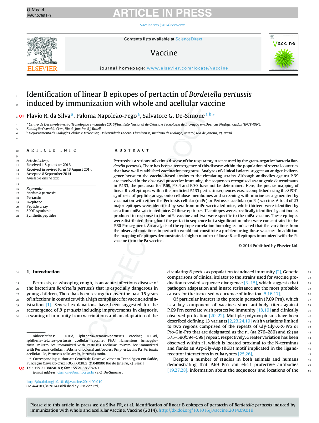 Identification of linear B epitopes of pertactin of Bordetella pertussis induced by immunization with whole and acellular vaccine