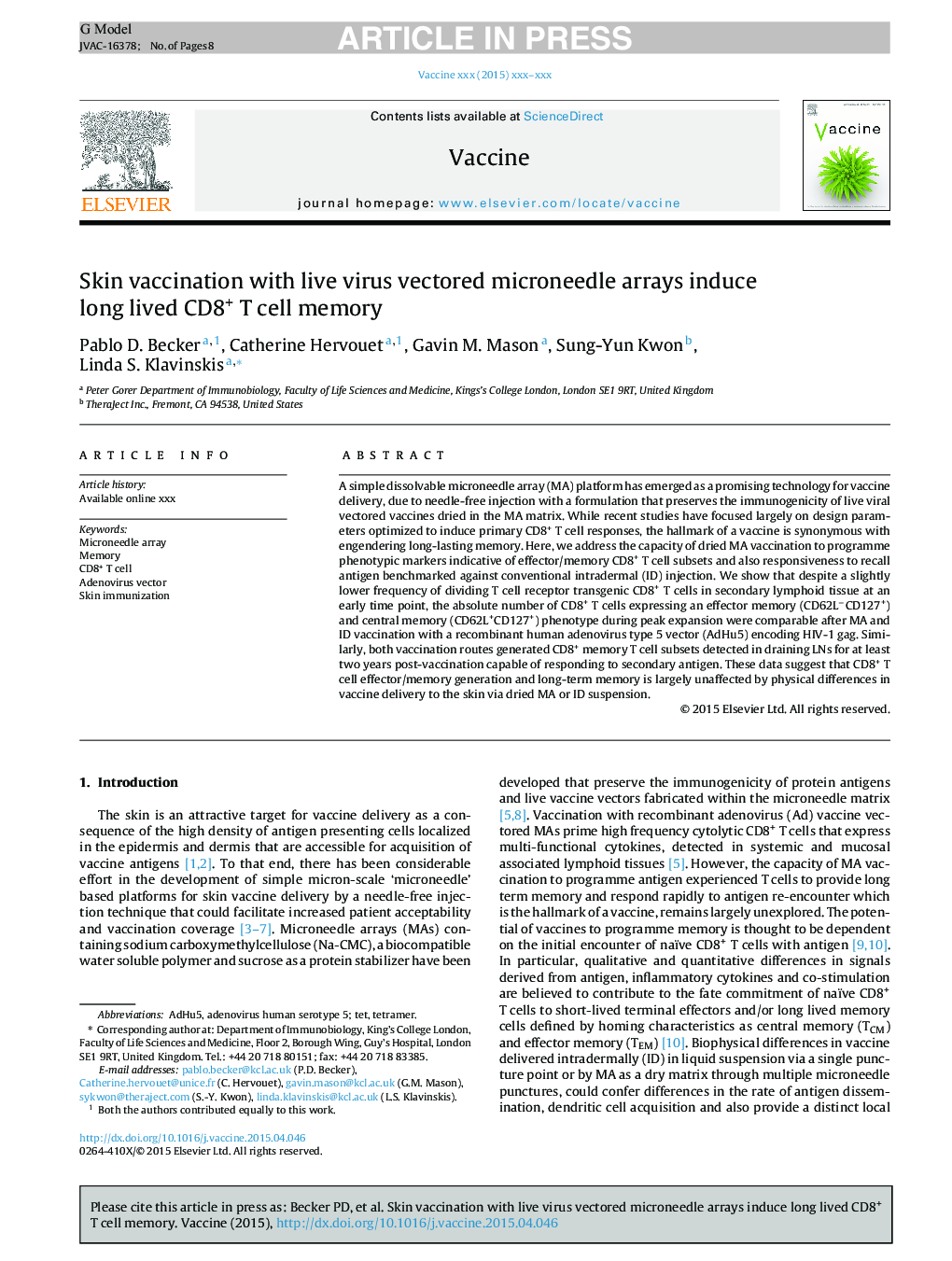 Skin vaccination with live virus vectored microneedle arrays induce long lived CD8+ T cell memory