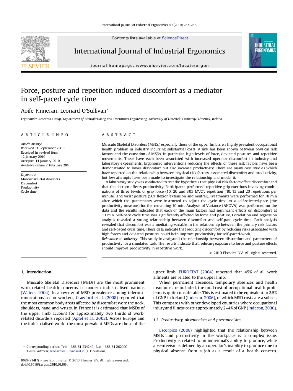 Force, posture and repetition induced discomfort as a mediator in self-paced cycle time