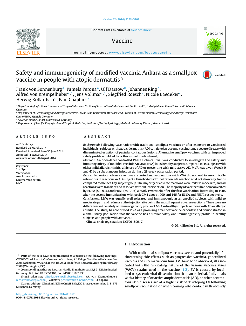 Safety and immunogenicity of modified vaccinia Ankara as a smallpox vaccine in people with atopic dermatitis