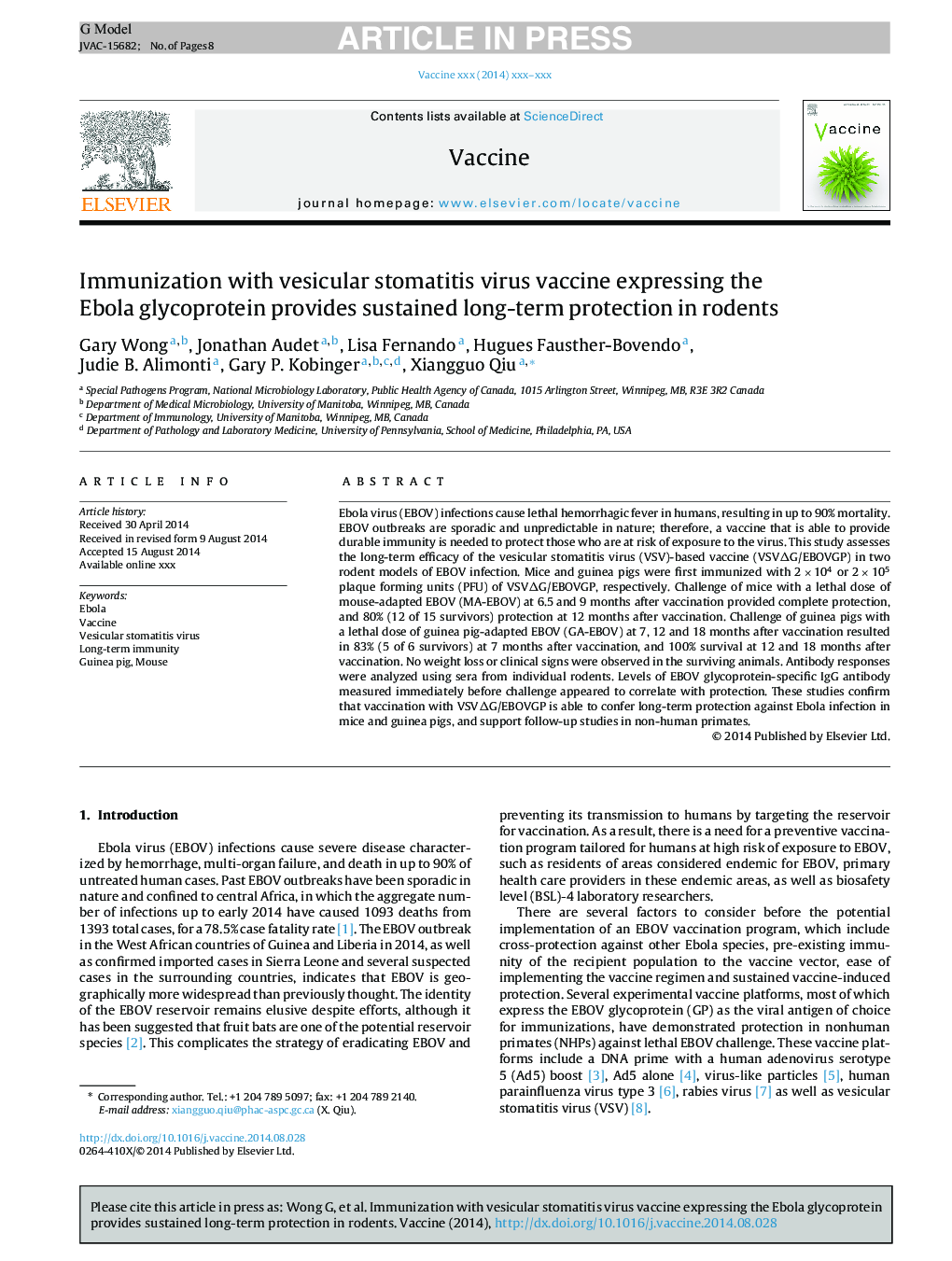 Immunization with vesicular stomatitis virus vaccine expressing the Ebola glycoprotein provides sustained long-term protection in rodents