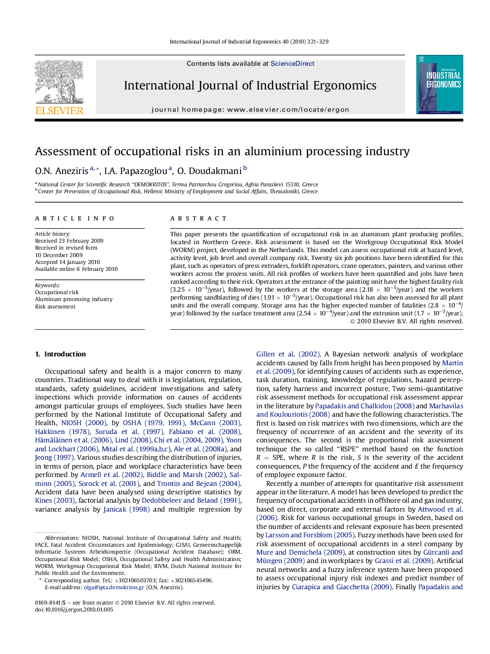 Assessment of occupational risks in an aluminium processing industry