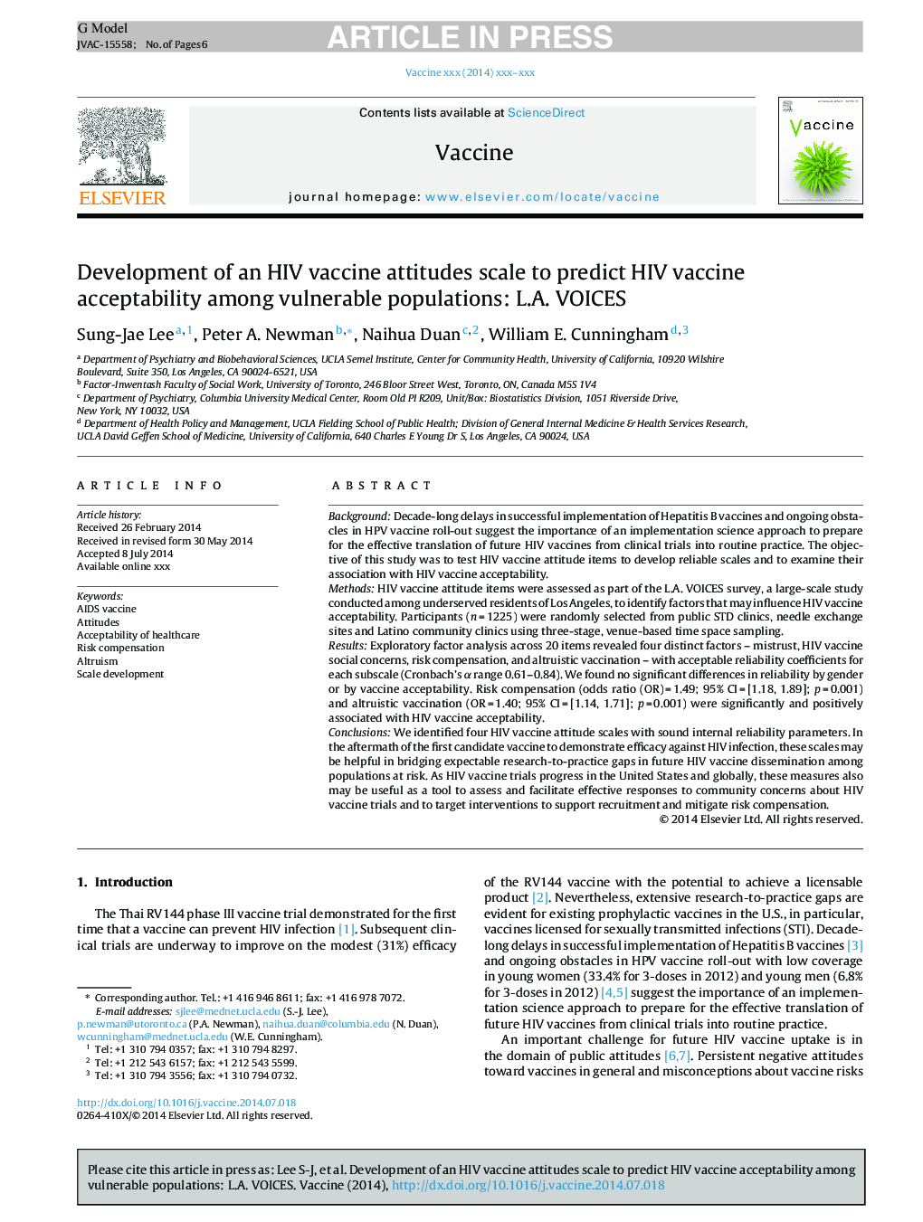 Development of an HIV vaccine attitudes scale to predict HIV vaccine acceptability among vulnerable populations: L.A. VOICES