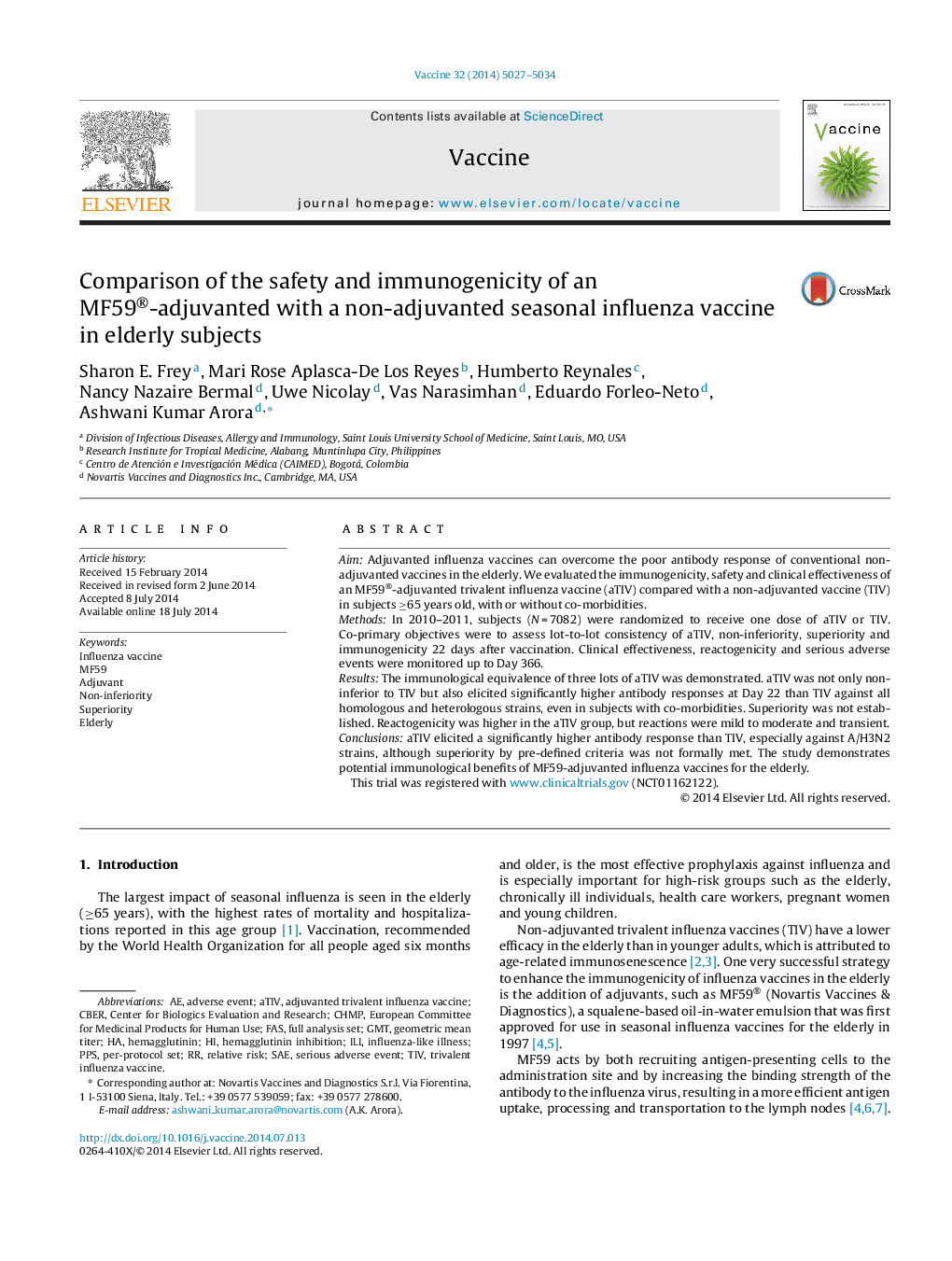 Comparison of the safety and immunogenicity of an MF59®-adjuvanted with a non-adjuvanted seasonal influenza vaccine in elderly subjects