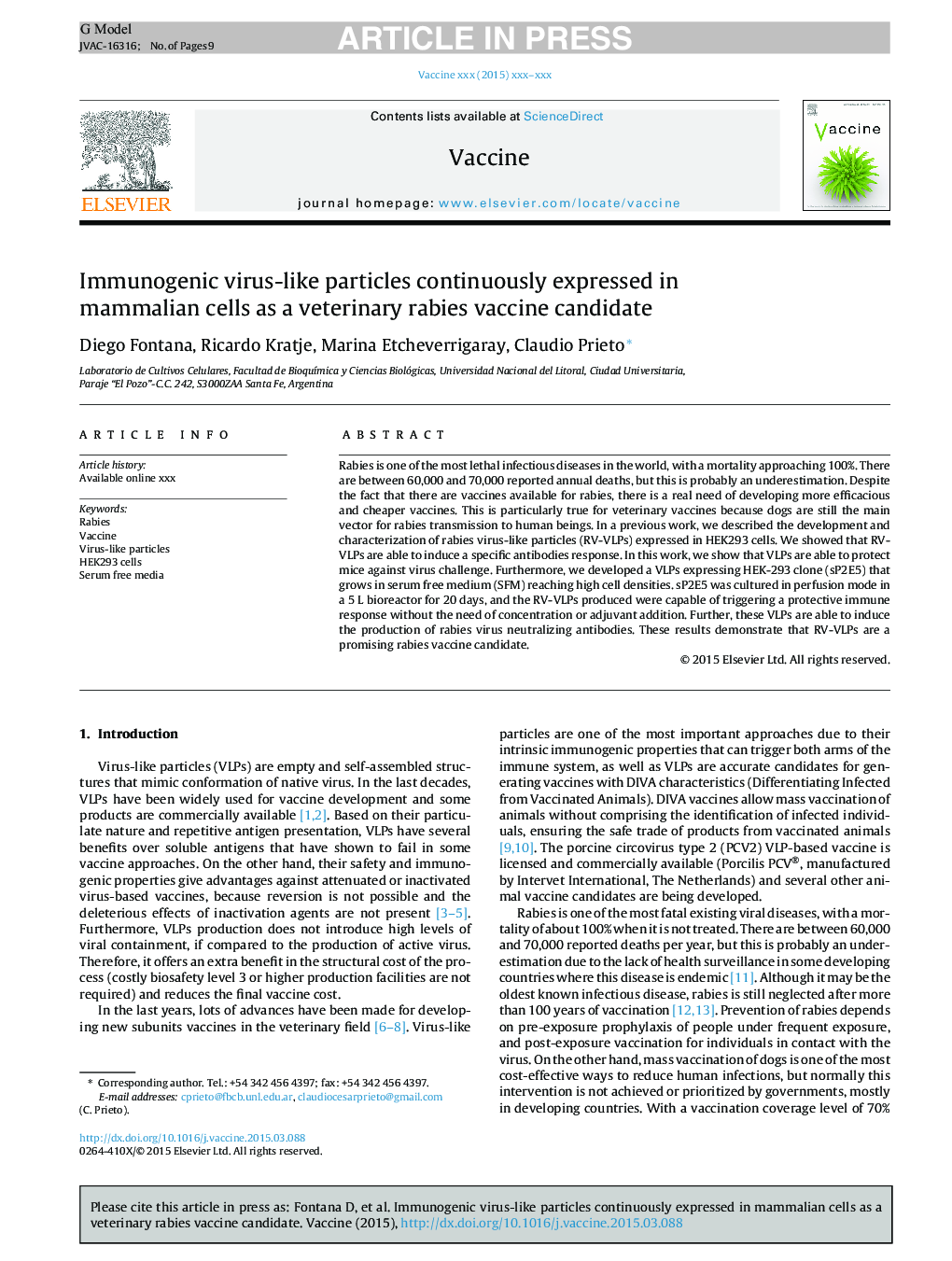 Immunogenic virus-like particles continuously expressed in mammalian cells as a veterinary rabies vaccine candidate