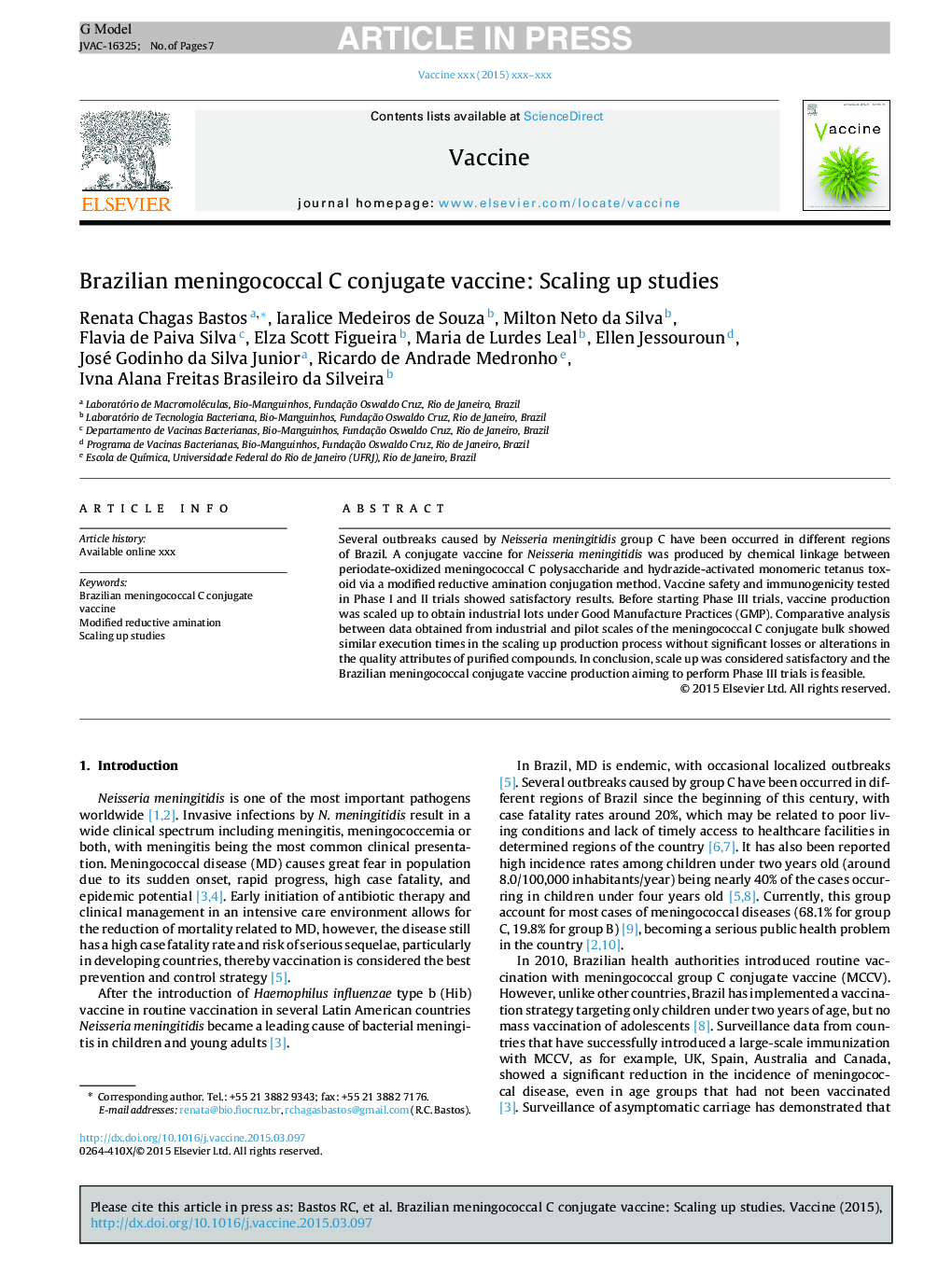 Brazilian meningococcal C conjugate vaccine: Scaling up studies