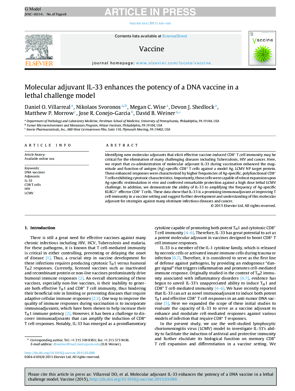 Molecular adjuvant IL-33 enhances the potency of a DNA vaccine in a lethal challenge model