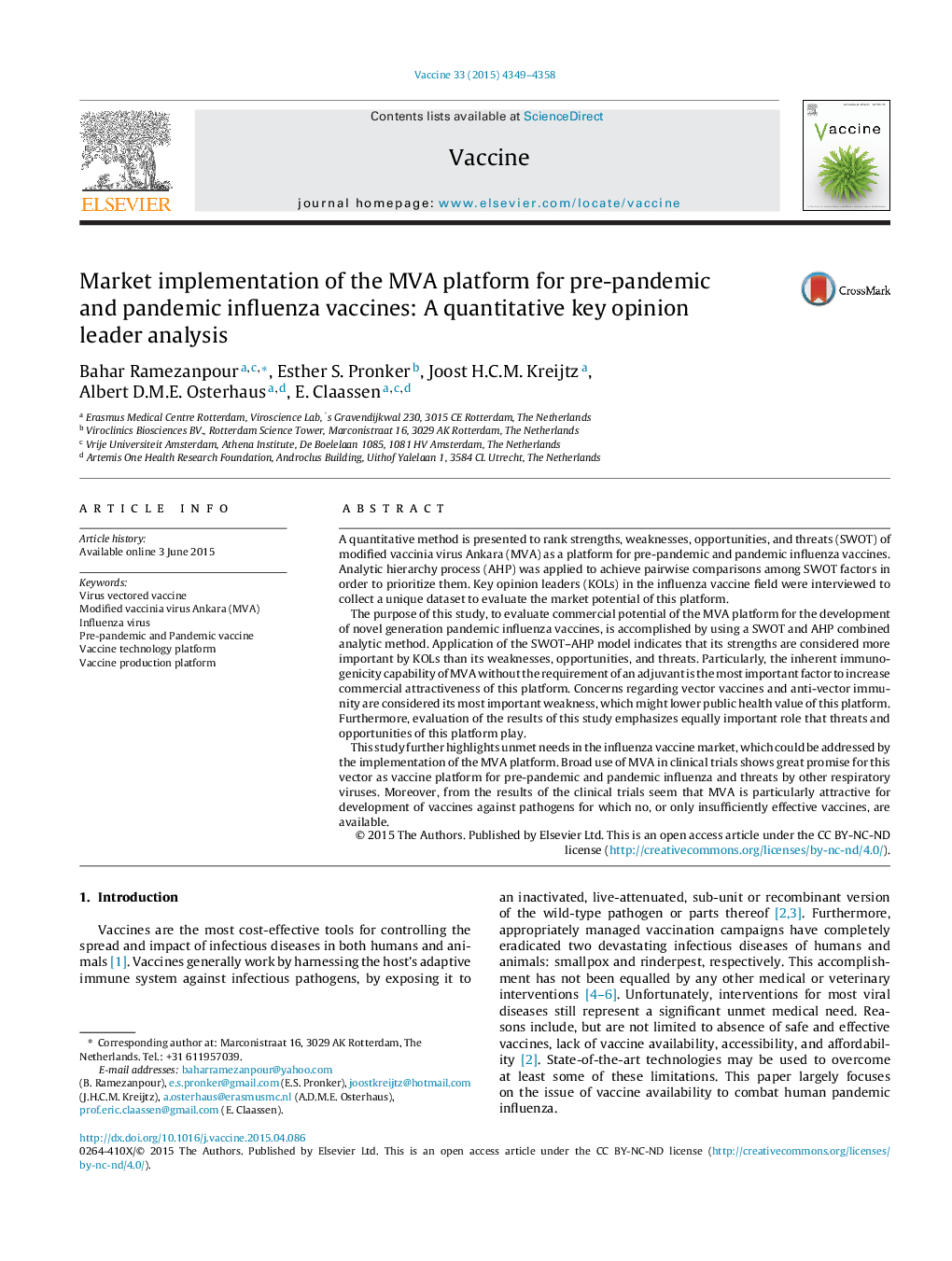 Market implementation of the MVA platform for pre-pandemic and pandemic influenza vaccines: A quantitative key opinion leader analysis