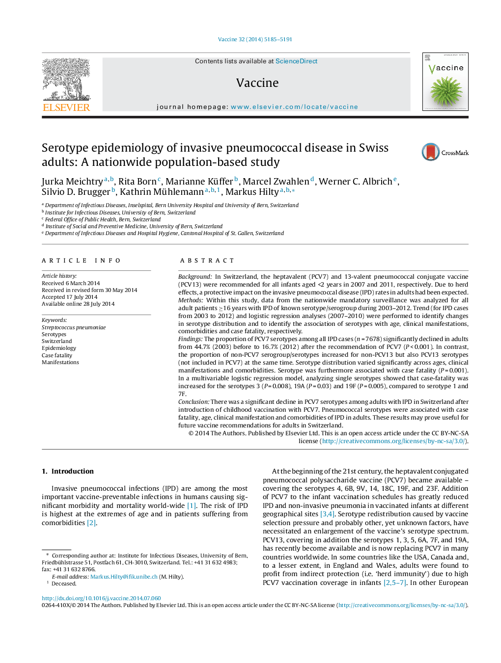 Serotype epidemiology of invasive pneumococcal disease in Swiss adults: A nationwide population-based study