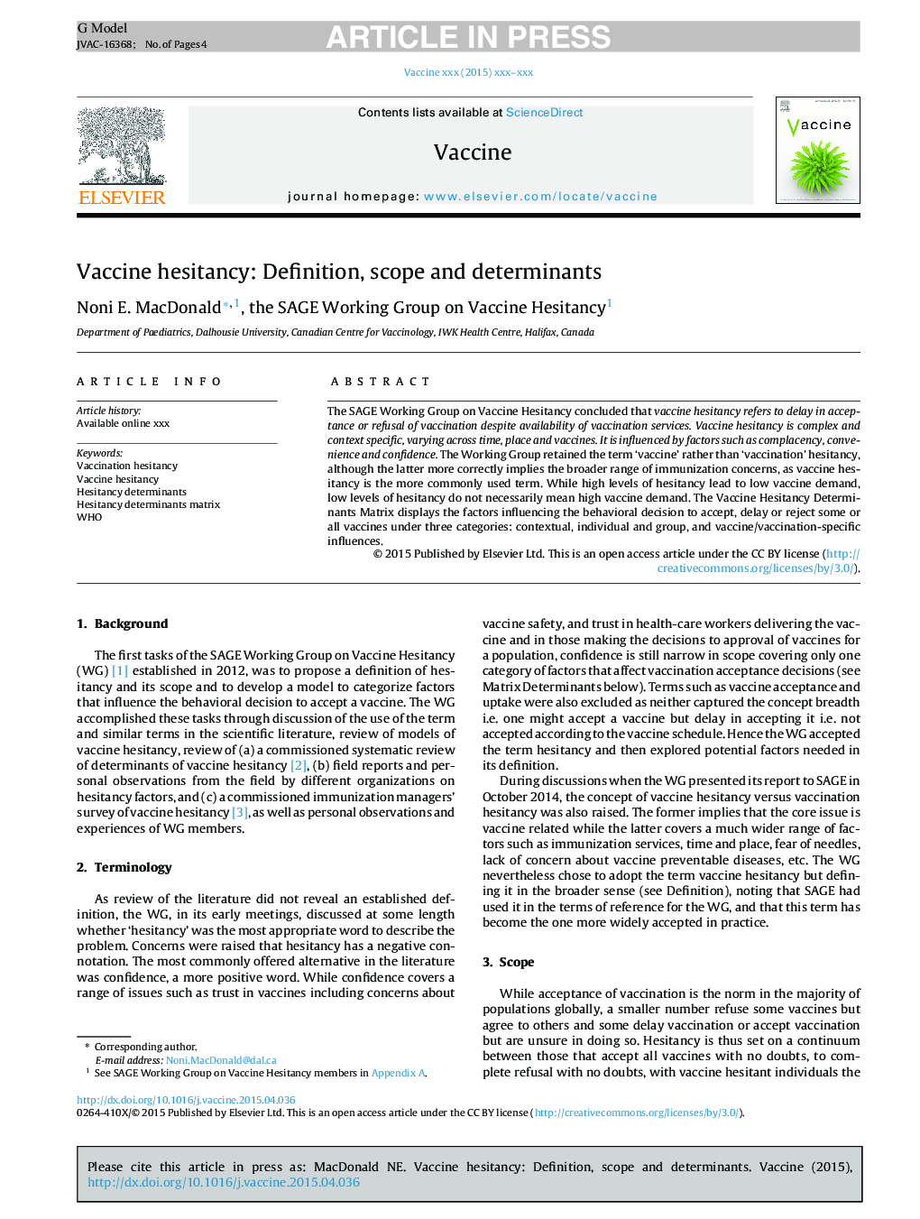 Vaccine hesitancy: Definition, scope and determinants