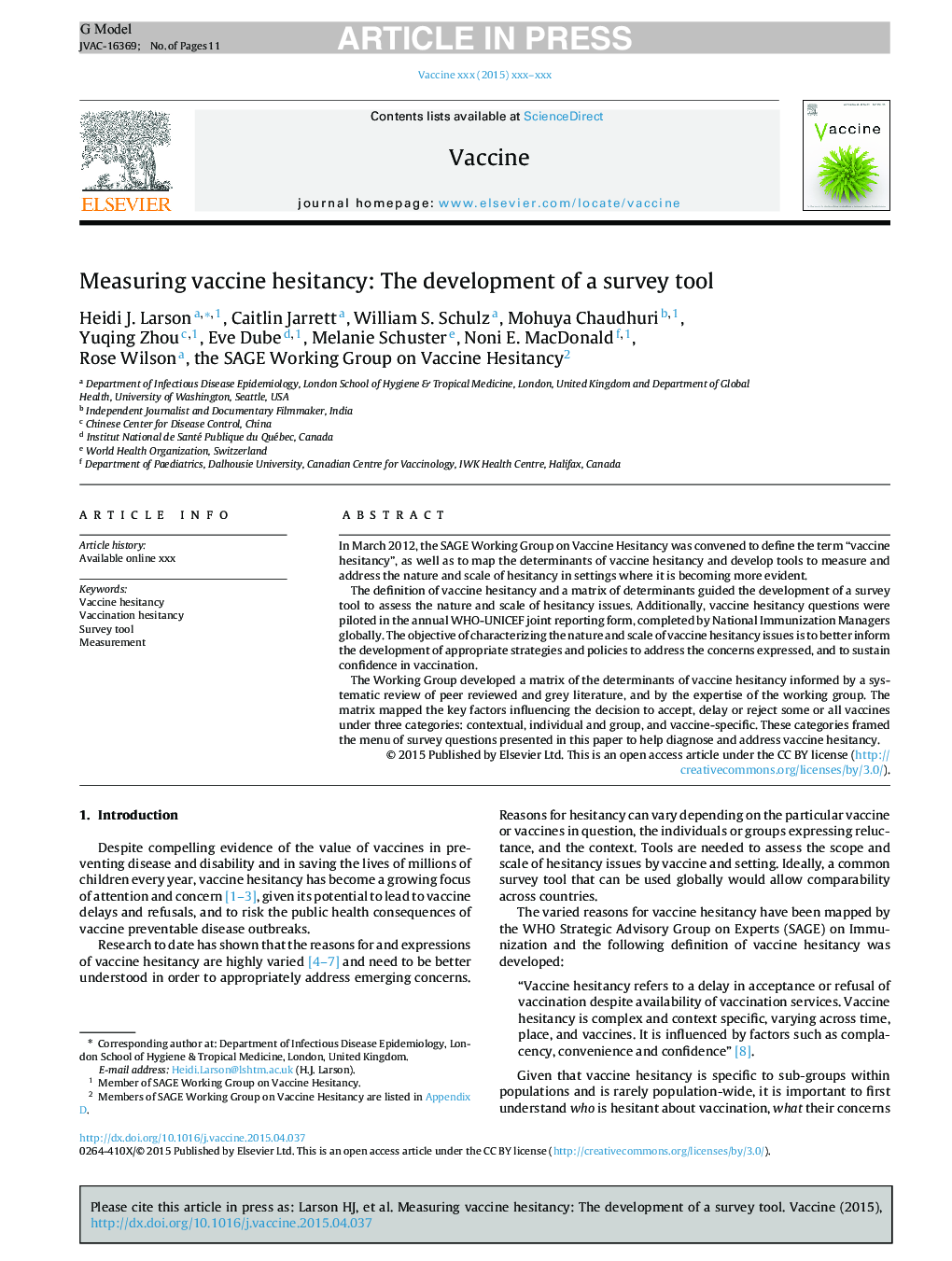 Measuring vaccine hesitancy: The development of a survey tool