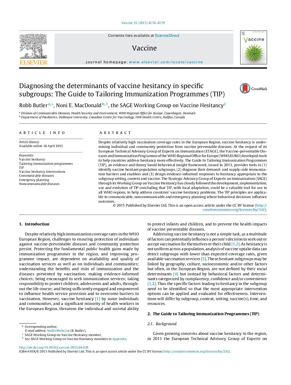 Diagnosing the determinants of vaccine hesitancy in specific subgroups: The Guide to Tailoring Immunization Programmes (TIP)