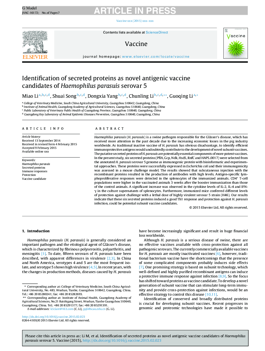 Identification of secreted proteins as novel antigenic vaccine candidates of Haemophilus parasuis serovar 5