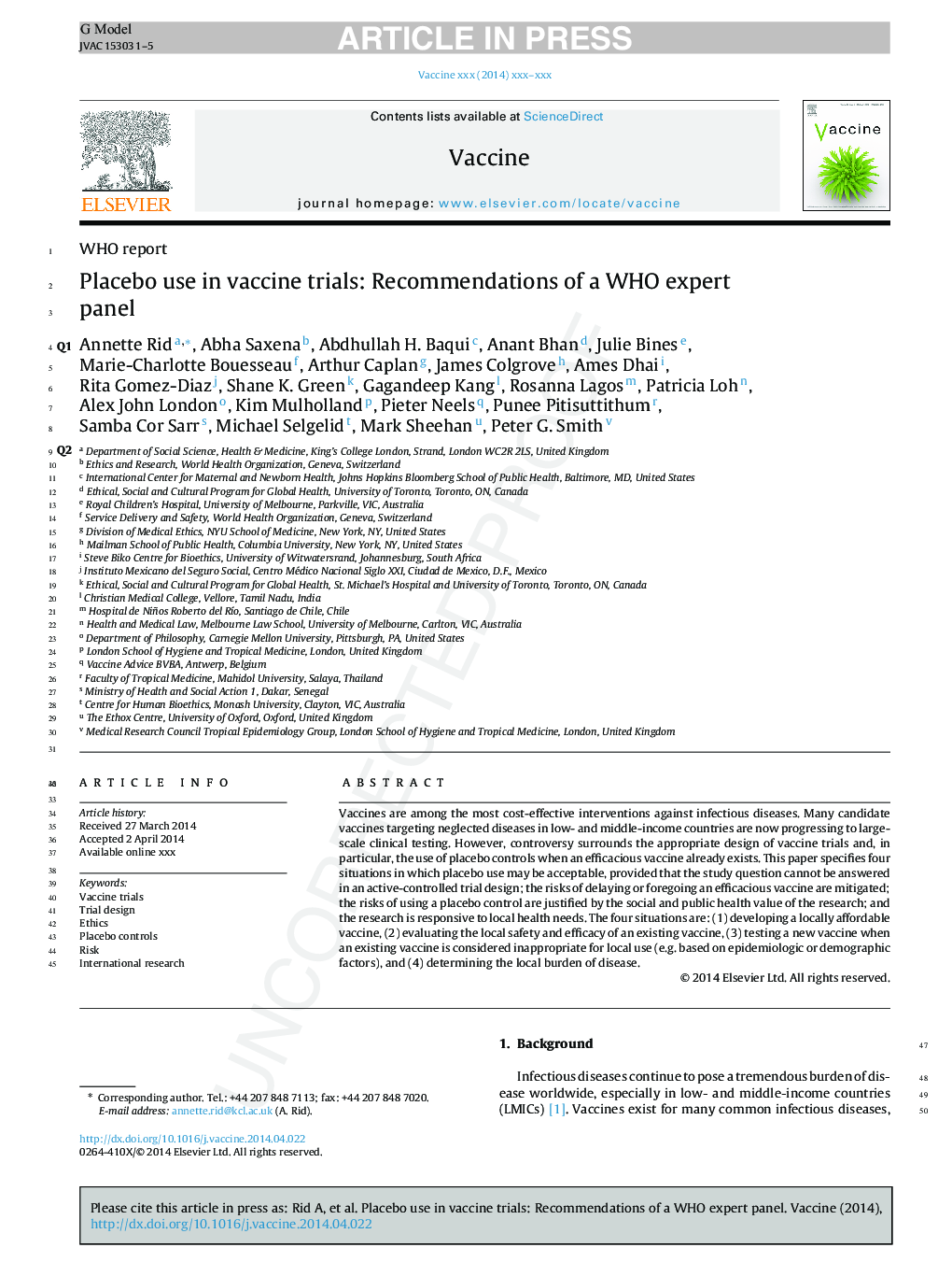 Placebo use in vaccine trials: Recommendations of a WHO expert panel