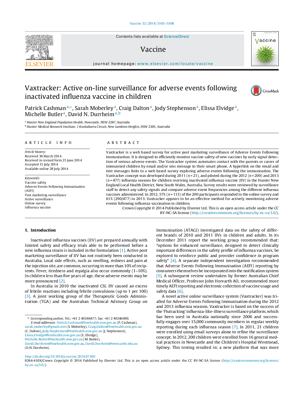 Vaxtracker: Active on-line surveillance for adverse events following inactivated influenza vaccine in children