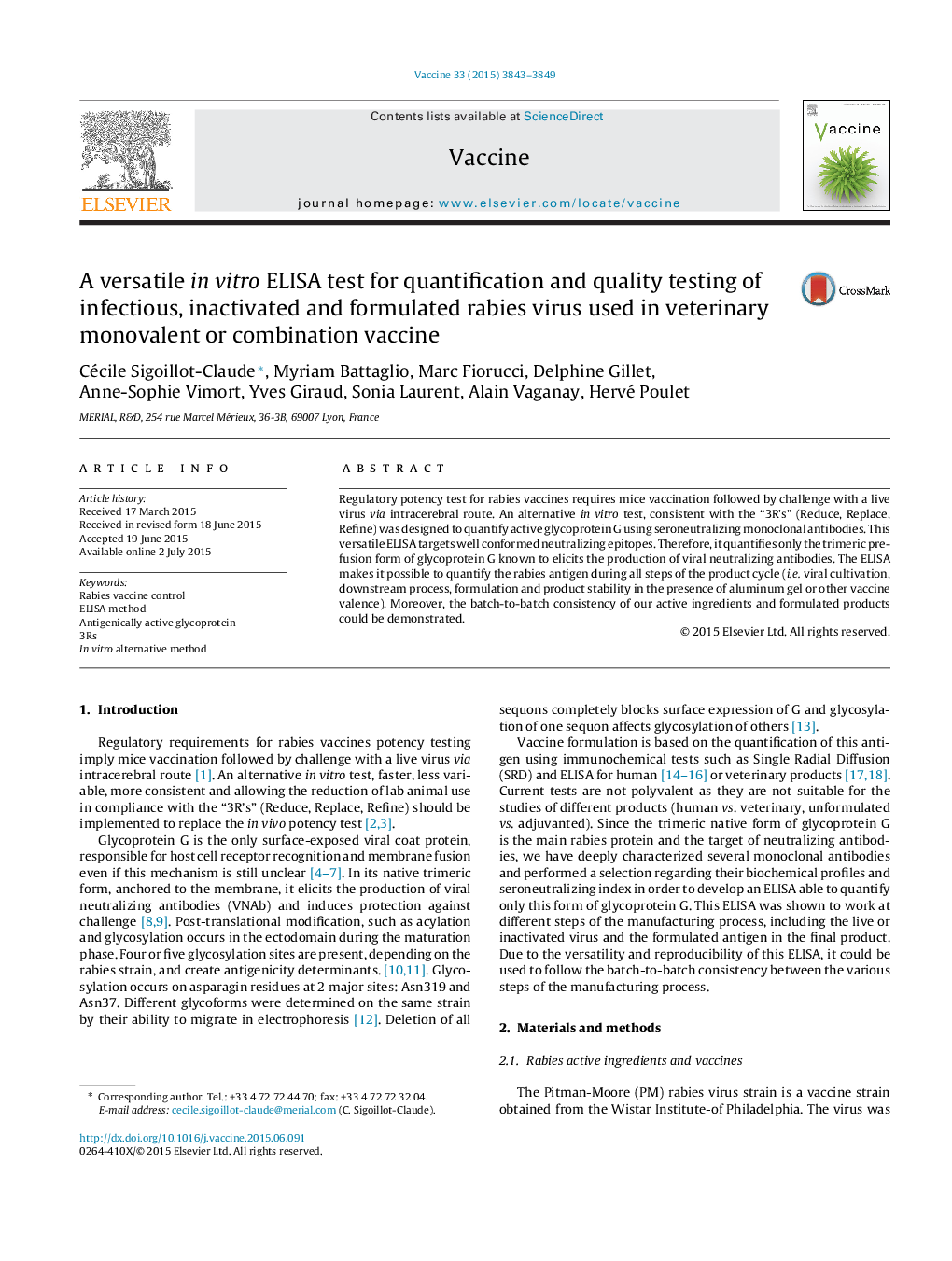 A versatile in vitro ELISA test for quantification and quality testing of infectious, inactivated and formulated rabies virus used in veterinary monovalent or combination vaccine