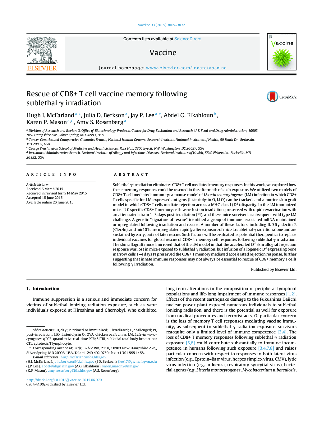 Rescue of CD8+ T cell vaccine memory following sublethal Î³ irradiation