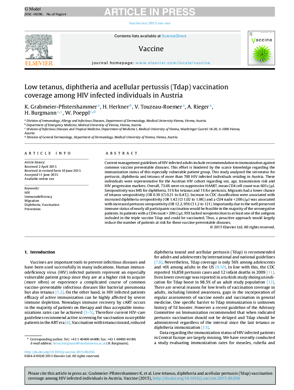 Low tetanus, diphtheria and acellular pertussis (Tdap) vaccination coverage among HIV infected individuals in Austria