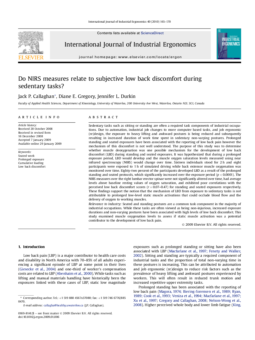 Do NIRS measures relate to subjective low back discomfort during sedentary tasks?