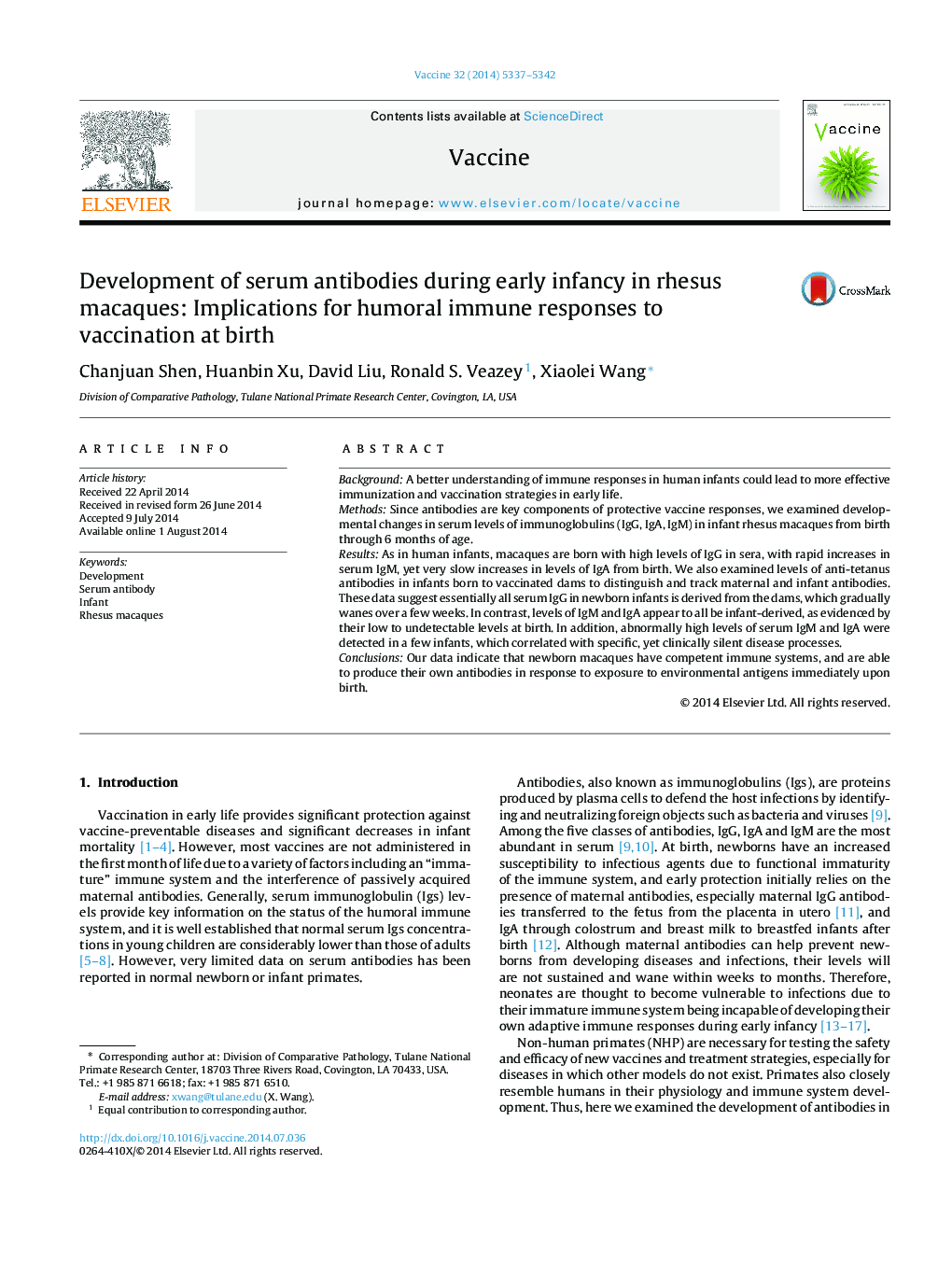 Development of serum antibodies during early infancy in rhesus macaques: Implications for humoral immune responses to vaccination at birth