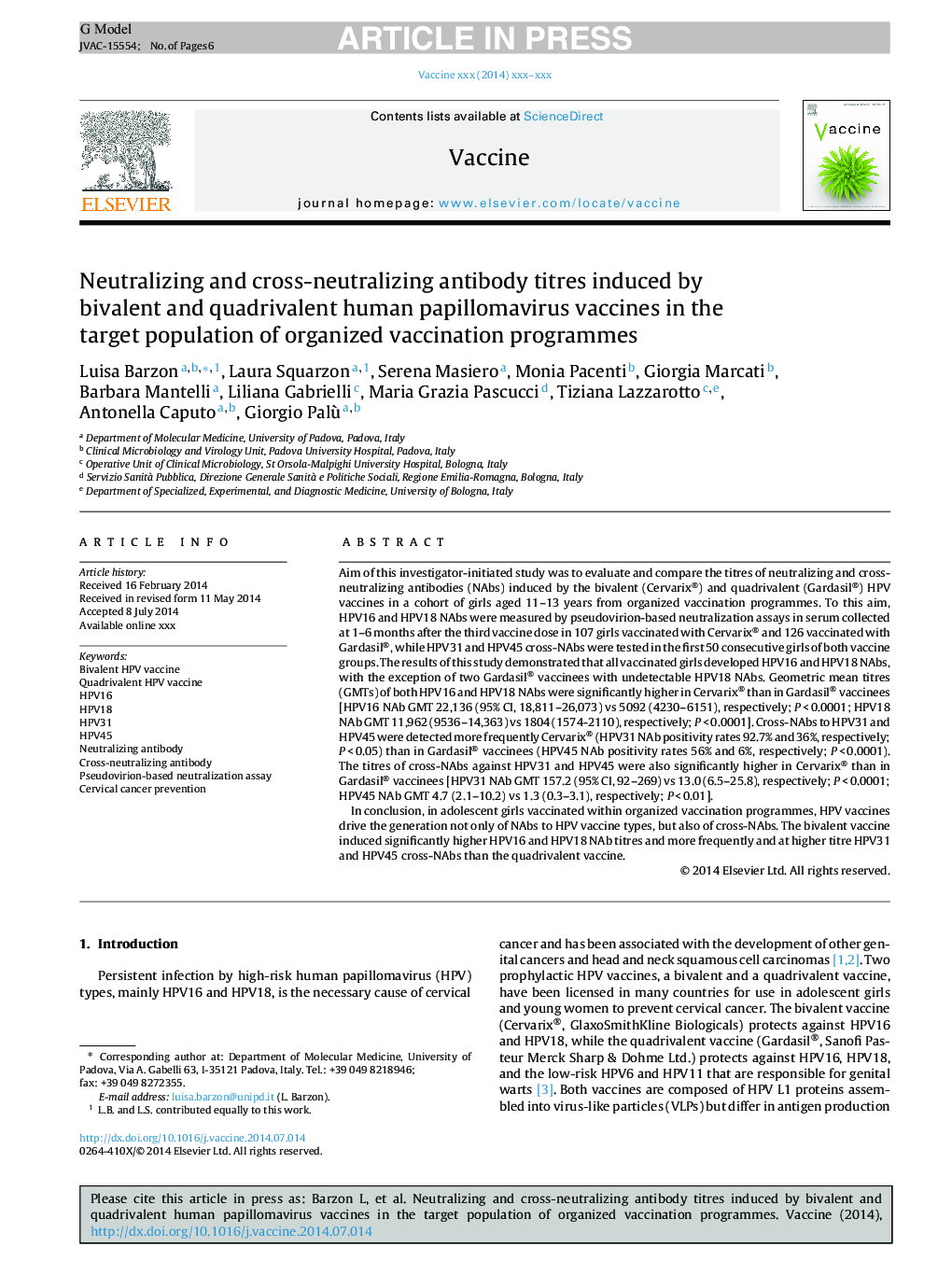 Neutralizing and cross-neutralizing antibody titres induced by bivalent and quadrivalent human papillomavirus vaccines in the target population of organized vaccination programmes