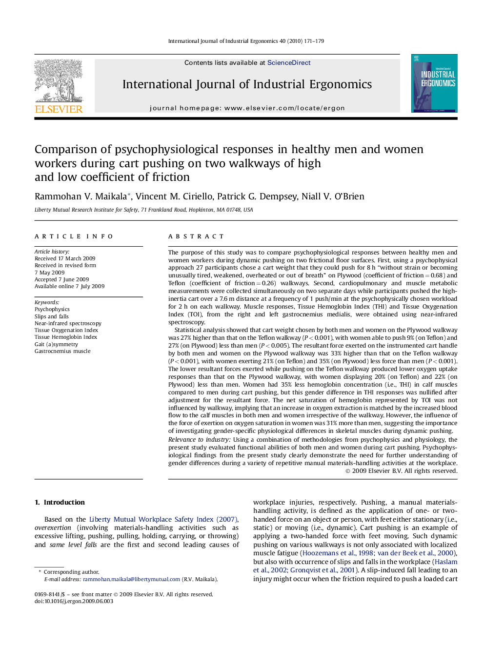 Comparison of psychophysiological responses in healthy men and women workers during cart pushing on two walkways of high and low coefficient of friction