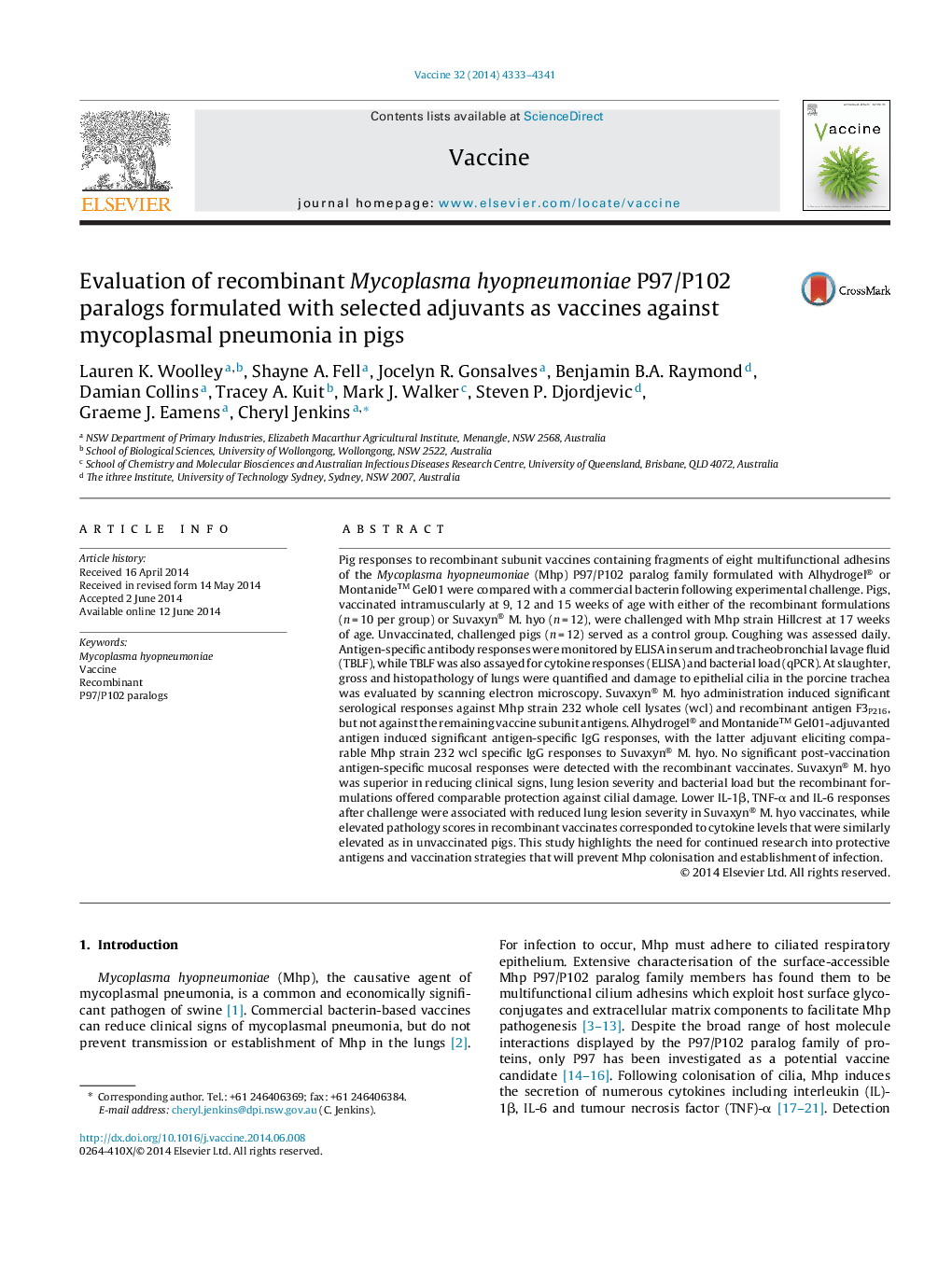 Evaluation of recombinant Mycoplasma hyopneumoniae P97/P102 paralogs formulated with selected adjuvants as vaccines against mycoplasmal pneumonia in pigs