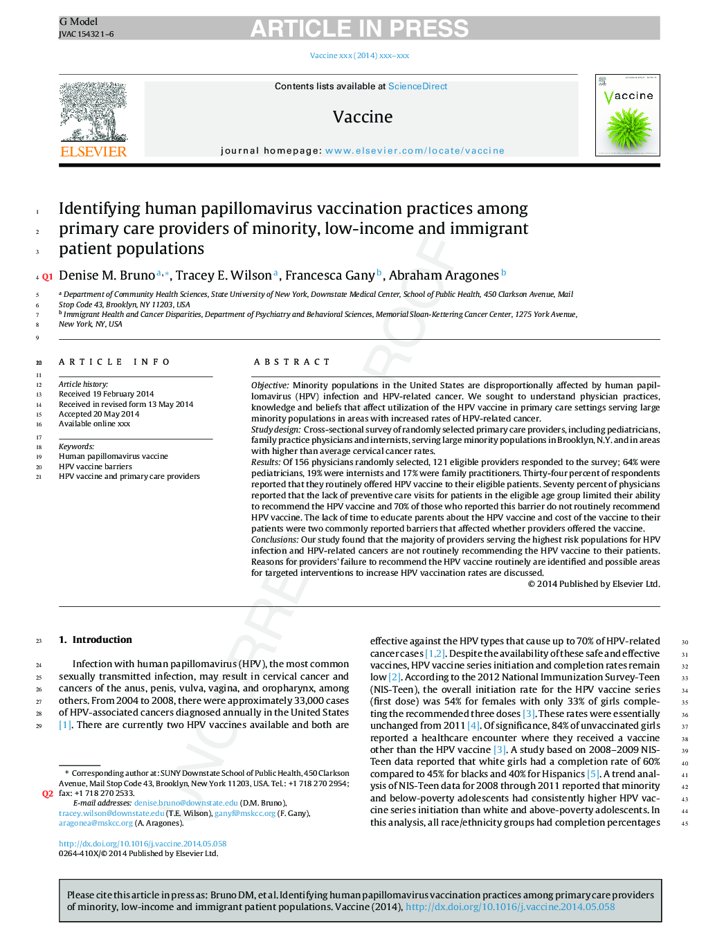 Identifying human papillomavirus vaccination practices among primary care providers of minority, low-income and immigrant patient populations