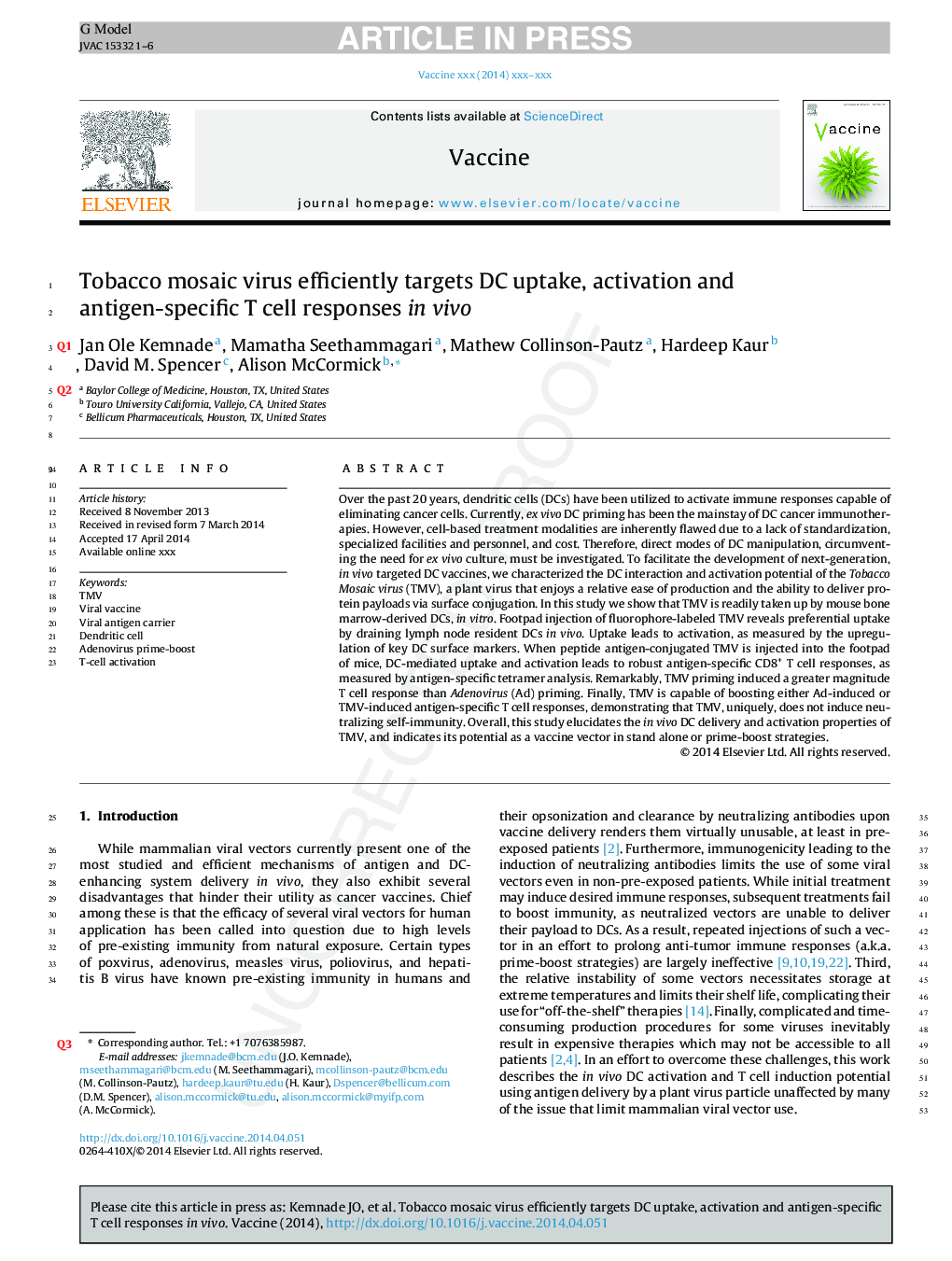 Tobacco mosaic virus efficiently targets DC uptake, activation and antigen-specific T cell responses in vivo