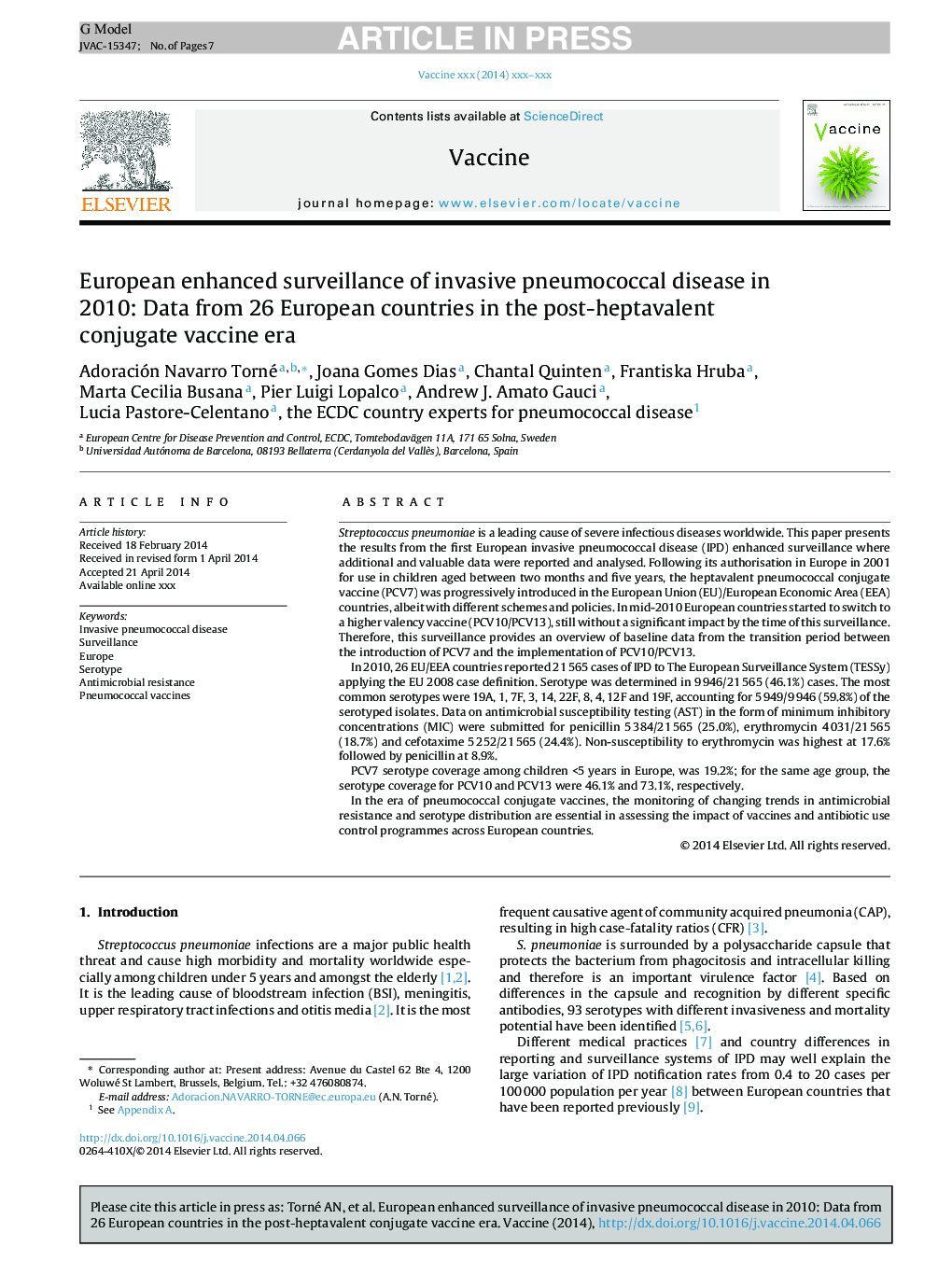 European enhanced surveillance of invasive pneumococcal disease in 2010: Data from 26 European countries in the post-heptavalent conjugate vaccine era