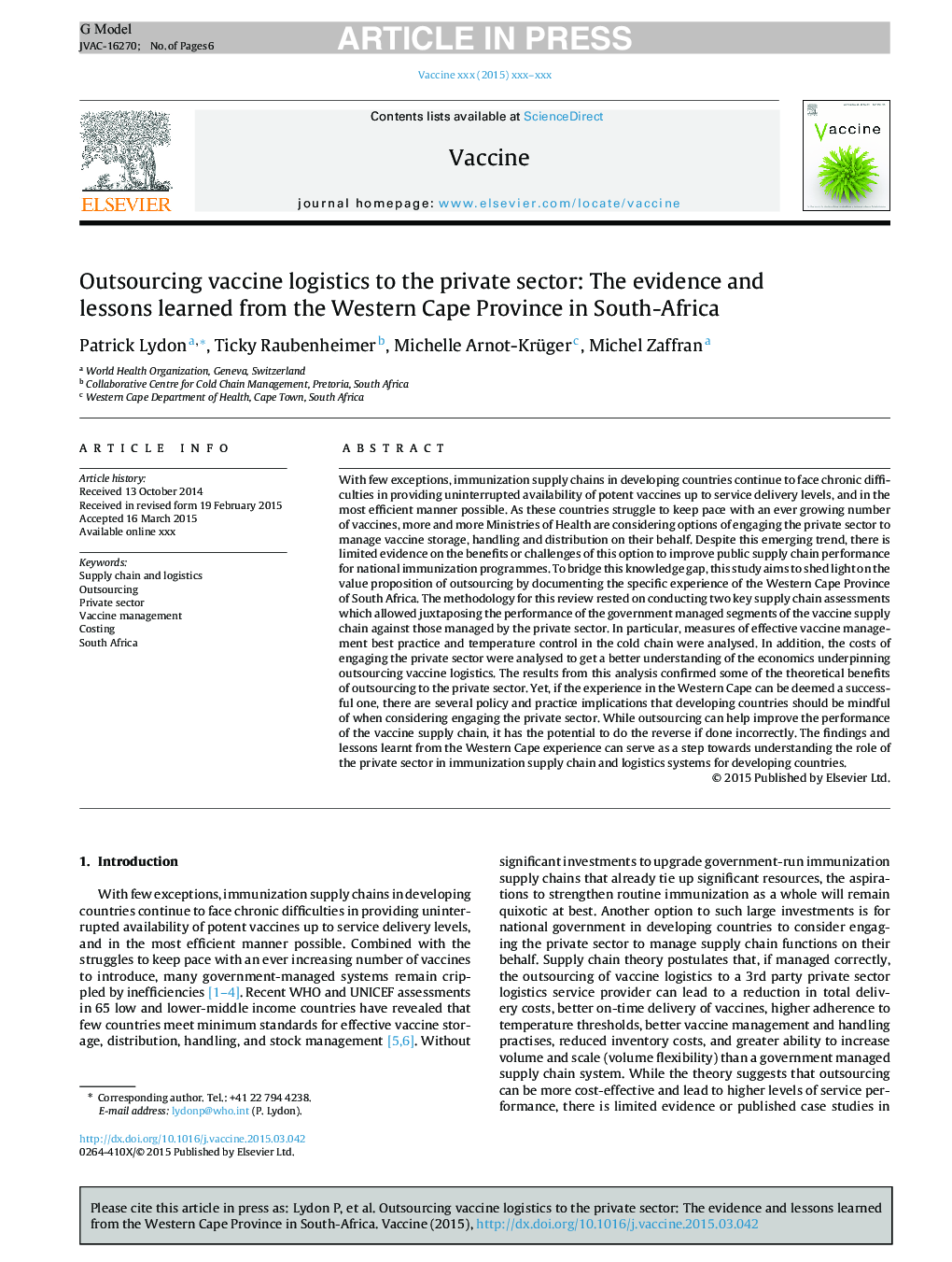 Outsourcing vaccine logistics to the private sector: The evidence and lessons learned from the Western Cape Province in South-Africa