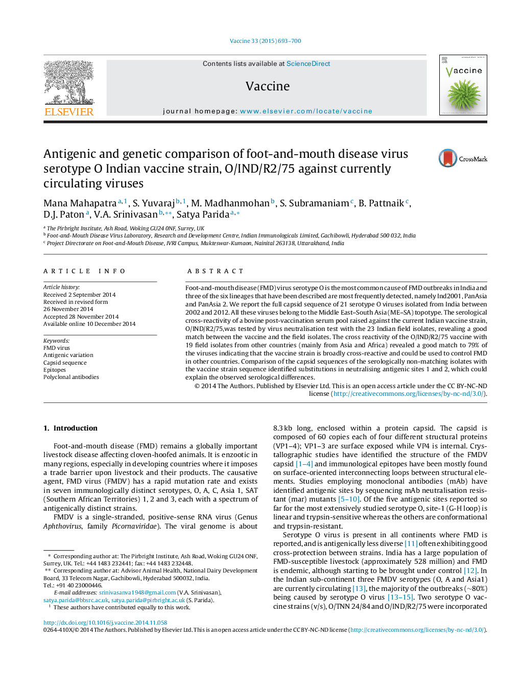 Antigenic and genetic comparison of foot-and-mouth disease virus serotype O Indian vaccine strain, O/IND/R2/75 against currently circulating viruses