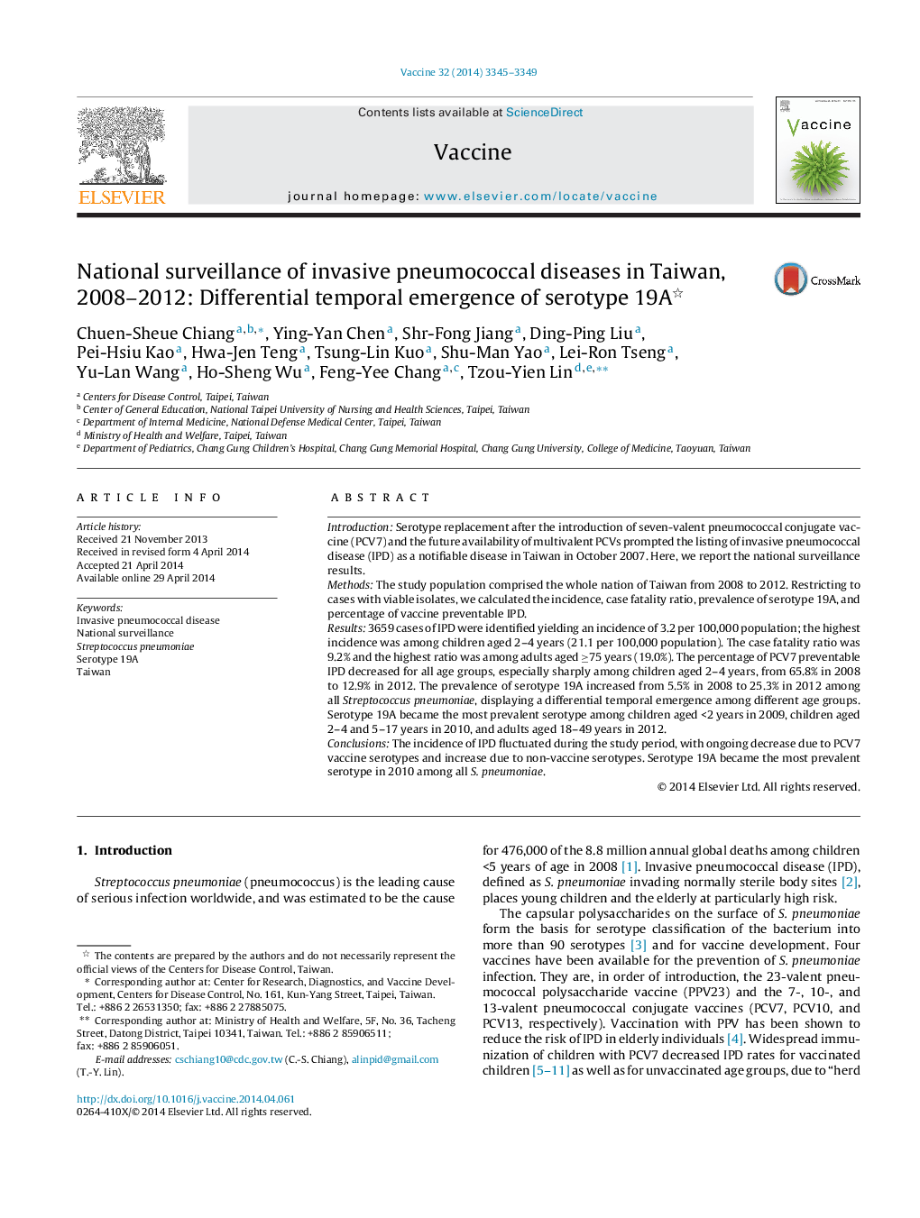 National surveillance of invasive pneumococcal diseases in Taiwan, 2008-2012: Differential temporal emergence of serotype 19A