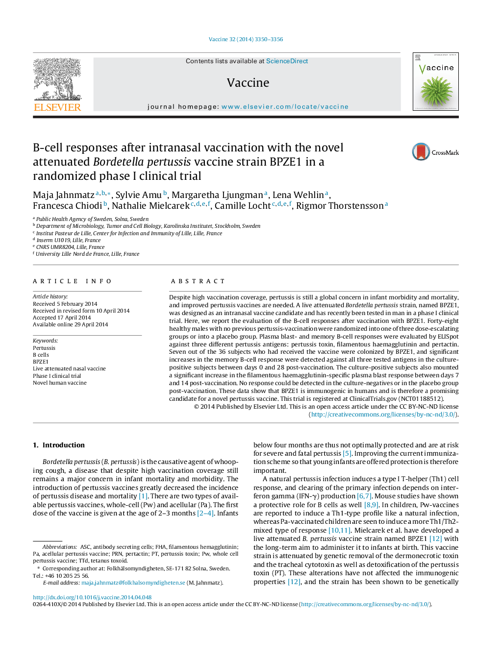 B-cell responses after intranasal vaccination with the novel attenuated Bordetella pertussis vaccine strain BPZE1 in a randomized phase I clinical trial