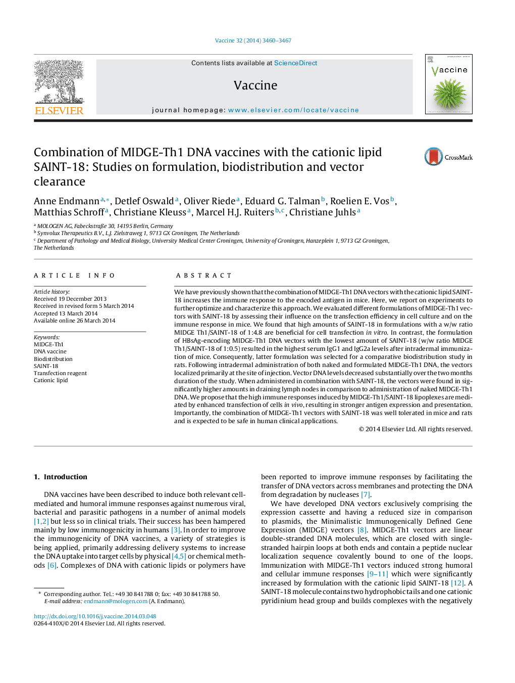 Combination of MIDGE-Th1 DNA vaccines with the cationic lipid SAINT-18: Studies on formulation, biodistribution and vector clearance