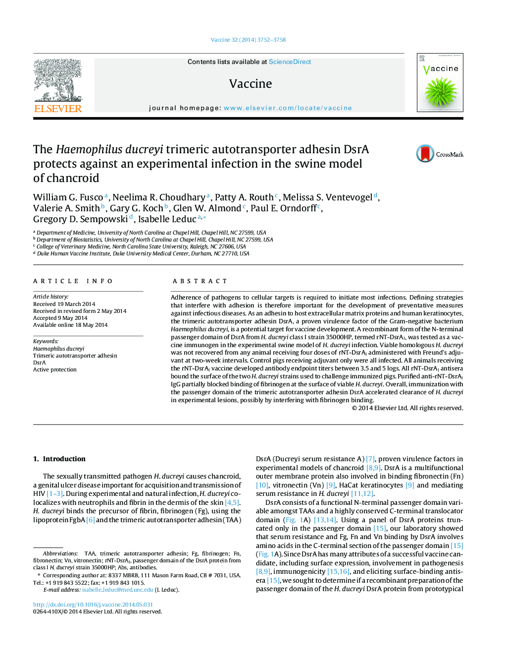 The Haemophilus ducreyi trimeric autotransporter adhesin DsrA protects against an experimental infection in the swine model of chancroid