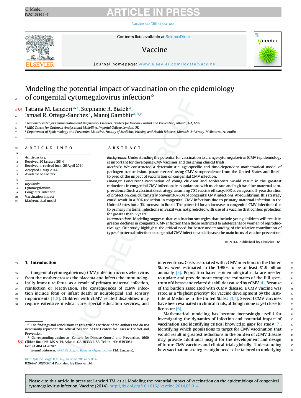 Modeling the potential impact of vaccination on the epidemiology of congenital cytomegalovirus infection