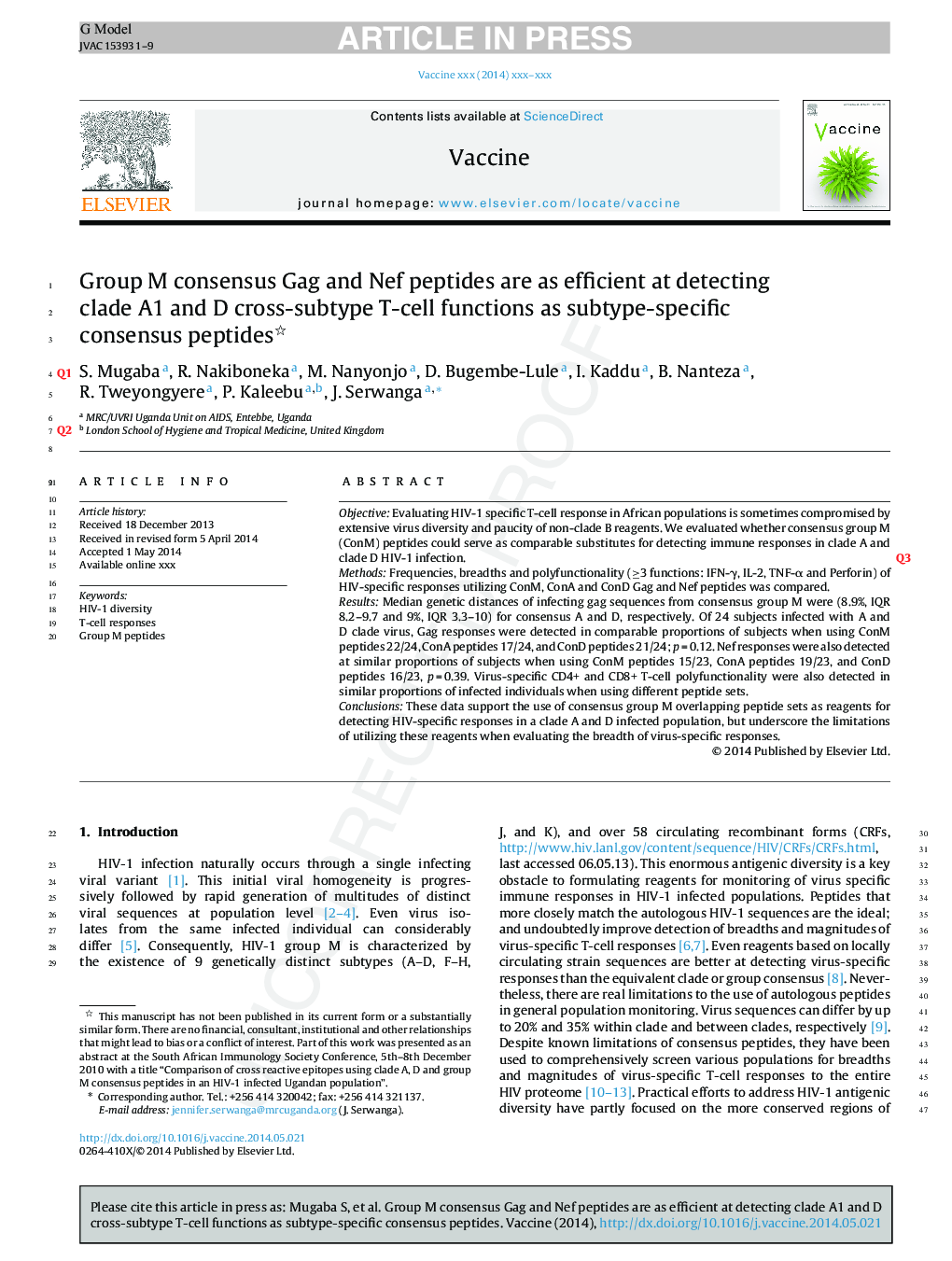 Group M consensus Gag and Nef peptides are as efficient at detecting clade A1 and D cross-subtype T-cell functions as subtype-specific consensus peptides