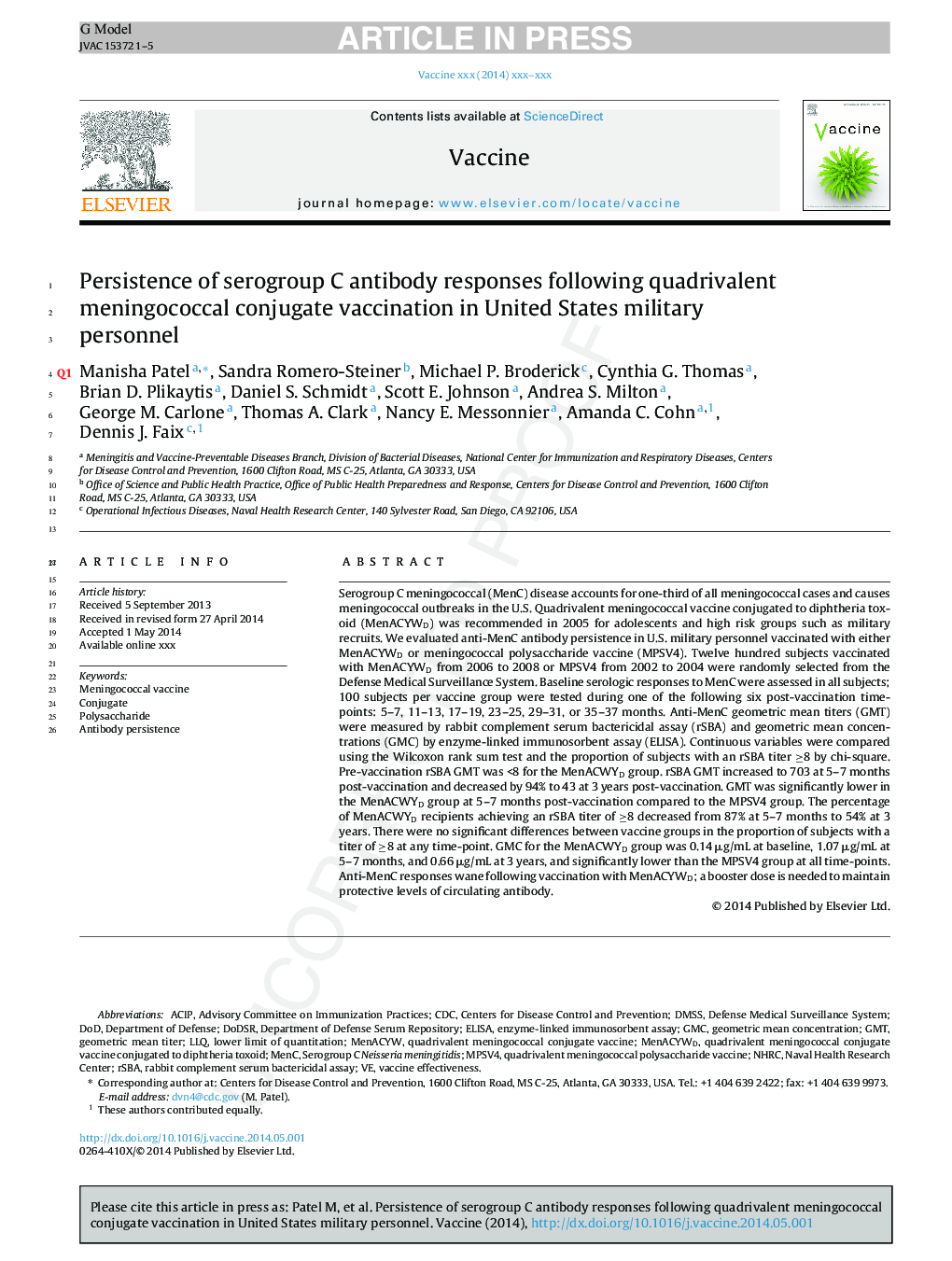 عکس صفحه اول مقاله: Persistence of serogroup C antibody responses following quadrivalent meningococcal conjugate vaccination in United States military personnel Persistence of serogroup C antibody responses following quadrivalent meningococcal conjugate vaccination in United States military personnel
