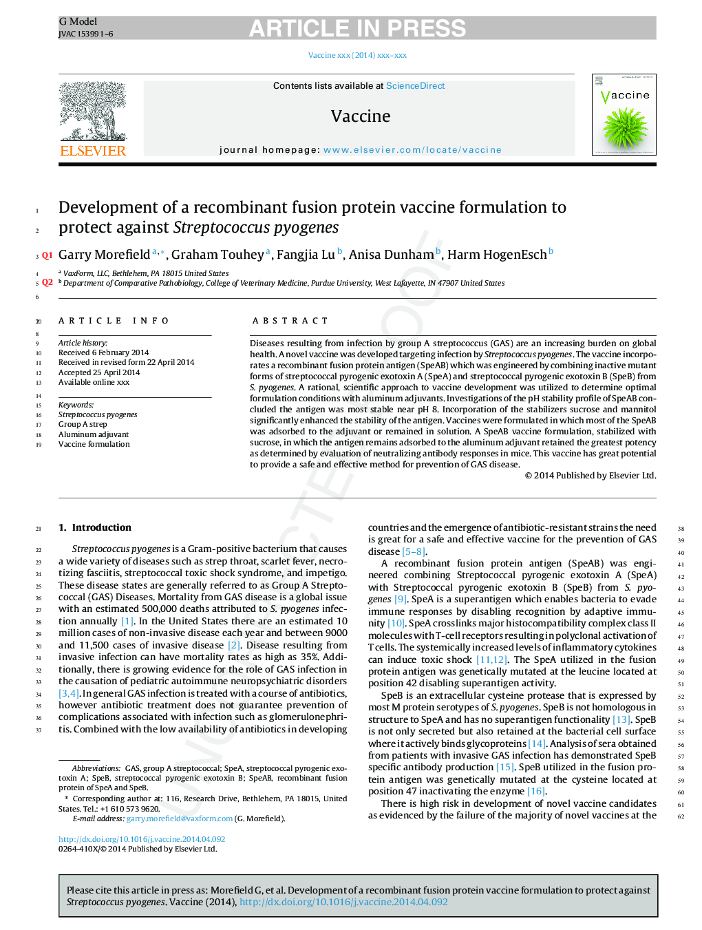 Development of a recombinant fusion protein vaccine formulation to protect against Streptococcus pyogenes