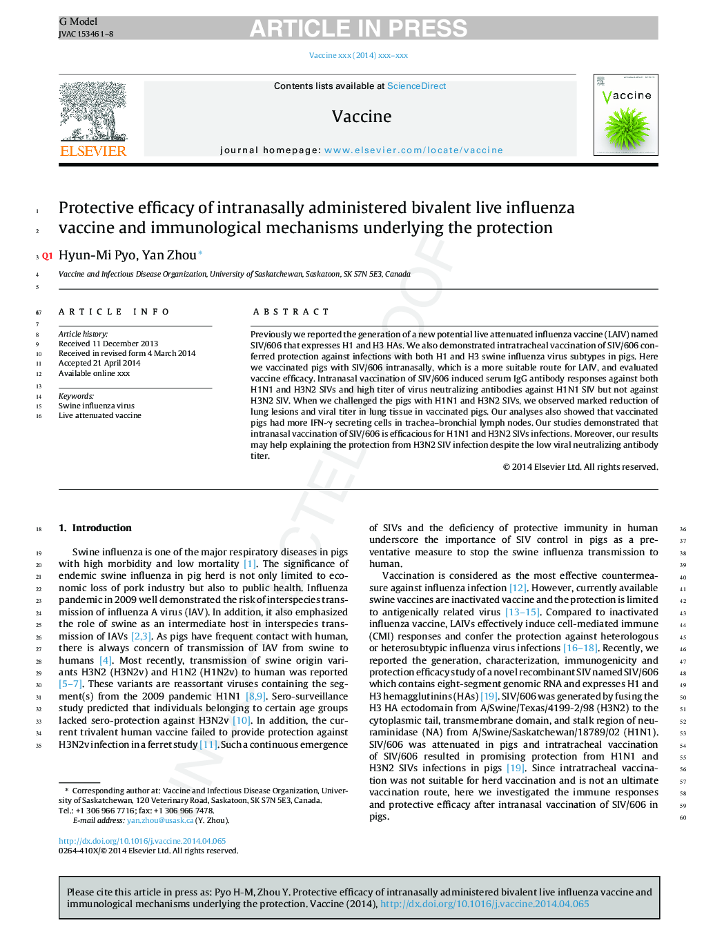 Protective efficacy of intranasally administered bivalent live influenza vaccine and immunological mechanisms underlying the protection