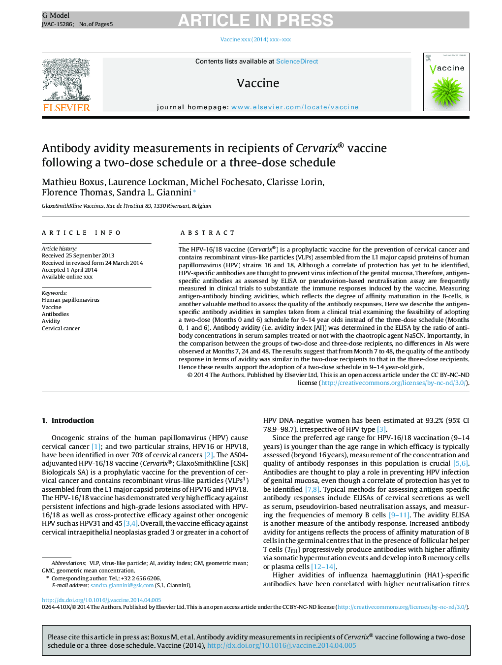 Antibody avidity measurements in recipients of Cervarix® vaccine following a two-dose schedule or a three-dose schedule