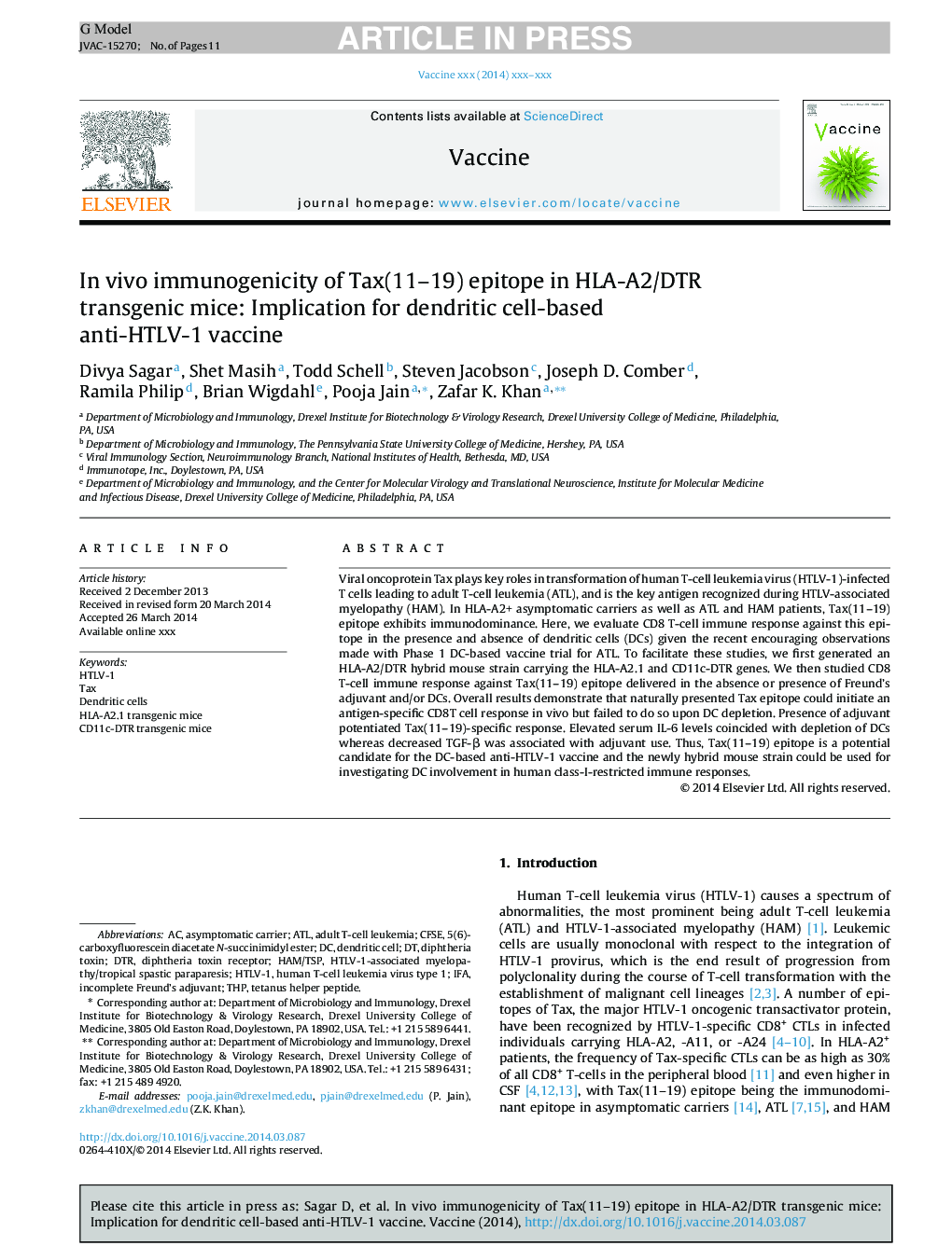 In vivo immunogenicity of Tax(11-19) epitope in HLA-A2/DTR transgenic mice: Implication for dendritic cell-based anti-HTLV-1 vaccine