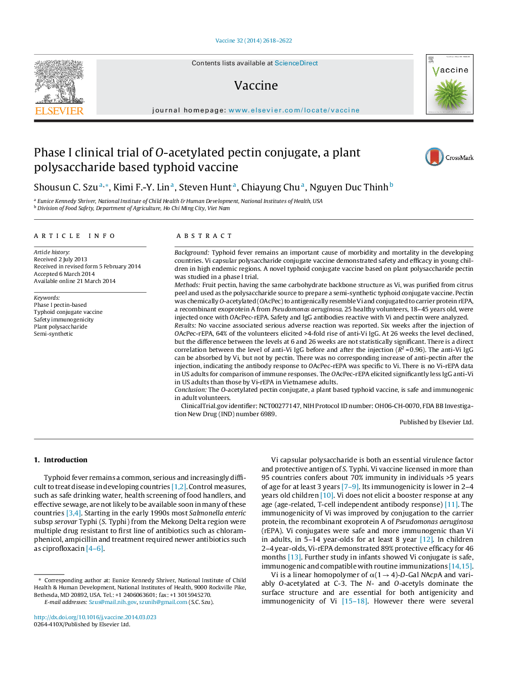 Phase I clinical trial of O-acetylated pectin conjugate, a plant polysaccharide based typhoid vaccine