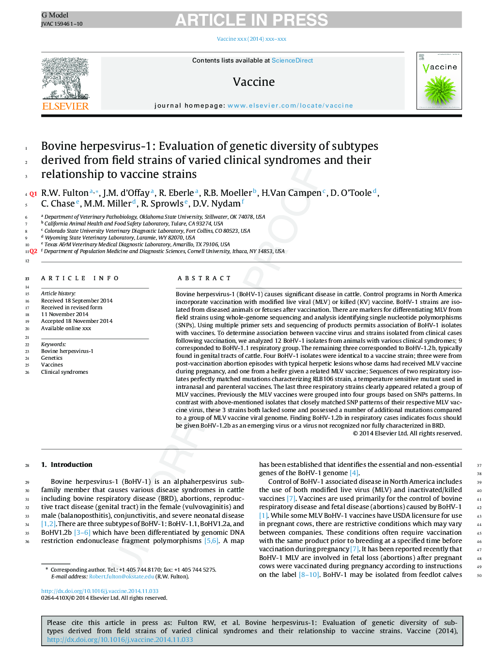 Bovine herpesvirus-1: Evaluation of genetic diversity of subtypes derived from field strains of varied clinical syndromes and their relationship to vaccine strains