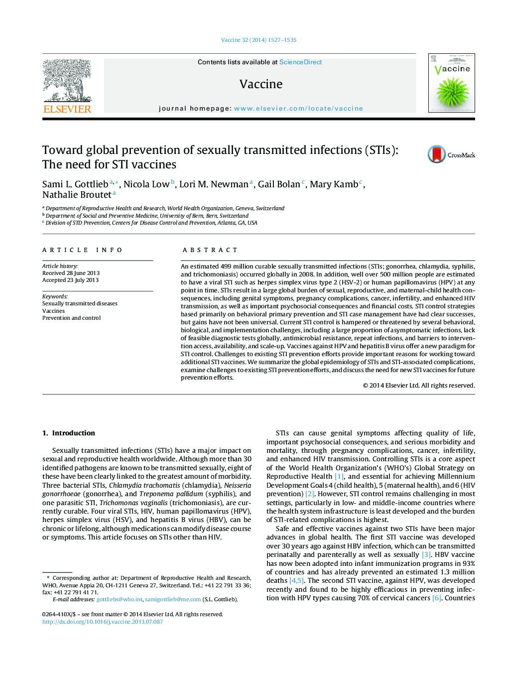 Toward global prevention of sexually transmitted infections (STIs): The need for STI vaccines