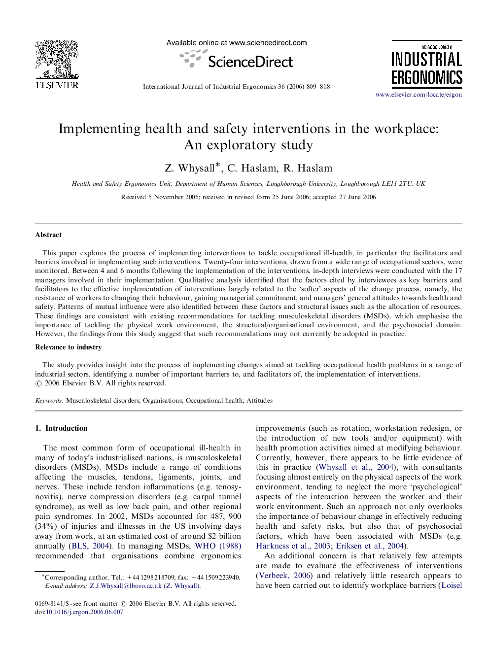 Implementing health and safety interventions in the workplace: An exploratory study